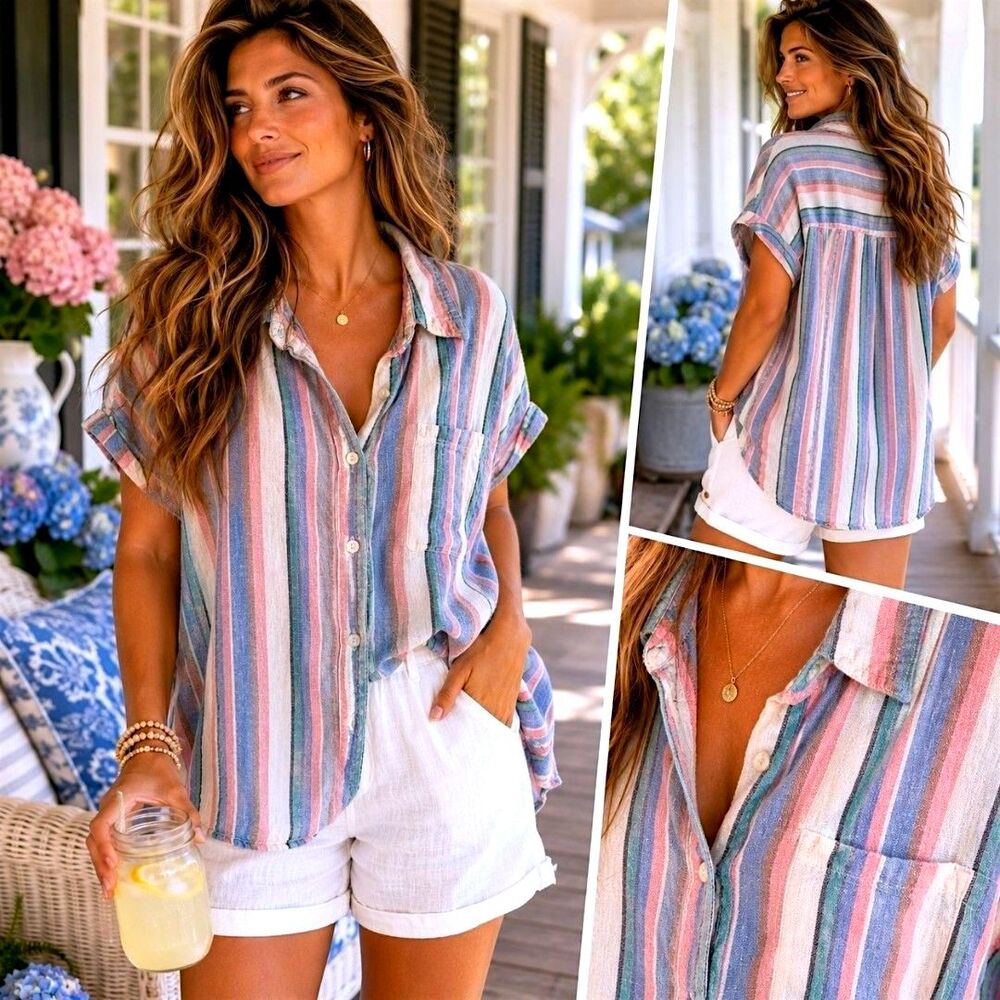 Orvis XL European Summer Linen Blend Camp Shirt Coastal Striped Pink Blue Resort